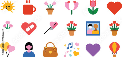 Minimal Valentine romantic icon collection featuring hearts tulips coffee balloons sun handbag music and love symbols arranged in grid