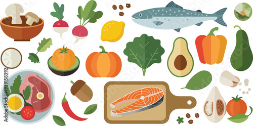 Minimal healthy food collection vector illustration featuring fish vegetables fruits eggs meat and herbs arranged in balanced wellness composition