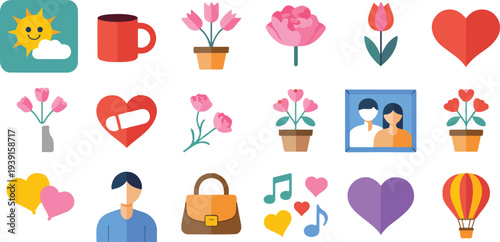 Minimal Valentine romantic icon collection featuring hearts tulips coffee balloons sun handbag music and love symbols arranged in grid