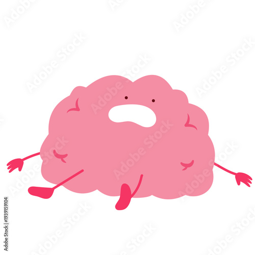 Cartoon vector illustration of a tired brain mascot collapsed on the floor representing burnout, mental exhaustion, stress and psychological overload