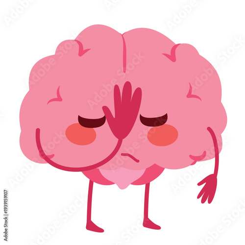 Cartoon vector illustration of a brain mascot performing a facepalm gesture symbolizing frustration, embarrassment, mistake or disbelief