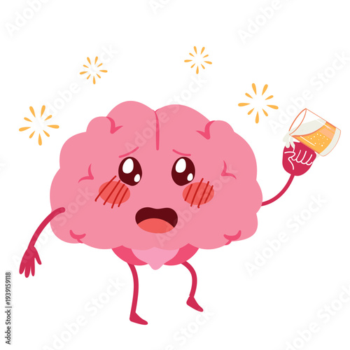 Cartoon vector illustration of a happy drunk brain mascot representing alcohol consumption, addiction and neurological health impact