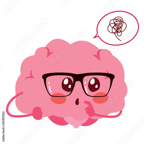 Cartoon vector illustration of a nerdy brain mascot wearing glasses and thinking, representing doubt, curiosity, reasoning and intellectual analysis