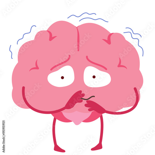 Cartoon vector illustration of a frightened brain mascot expressing fear, anxiety and emotional stress.