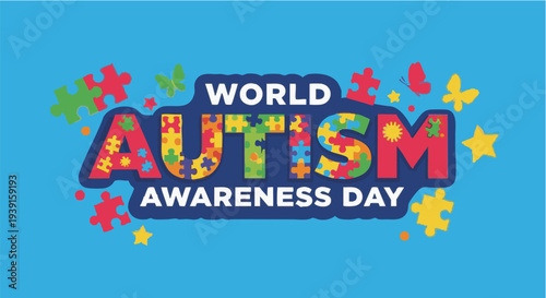 World Autism Awareness Day banner in colorful puzzle piece design with vibrant blue background for social media campaign