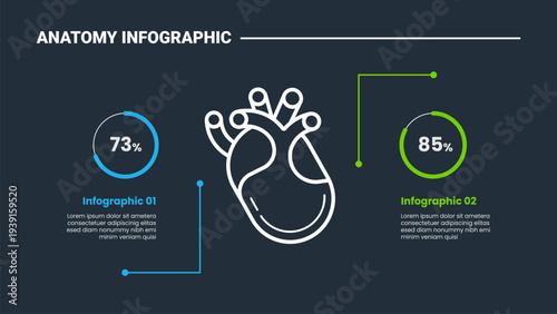 Human body anatomy infographic process diagram with human heart center base with versus comparison data opposite with dark background bright outline style 2 points