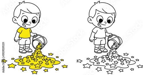 Cute Cartoon Boy Spilling a Bucket of Golden Stars Whimsical Playtime Vector Illustration