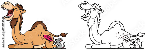 Happy Camel Being Tickled by a Mouse Cartoon Vector Illustration