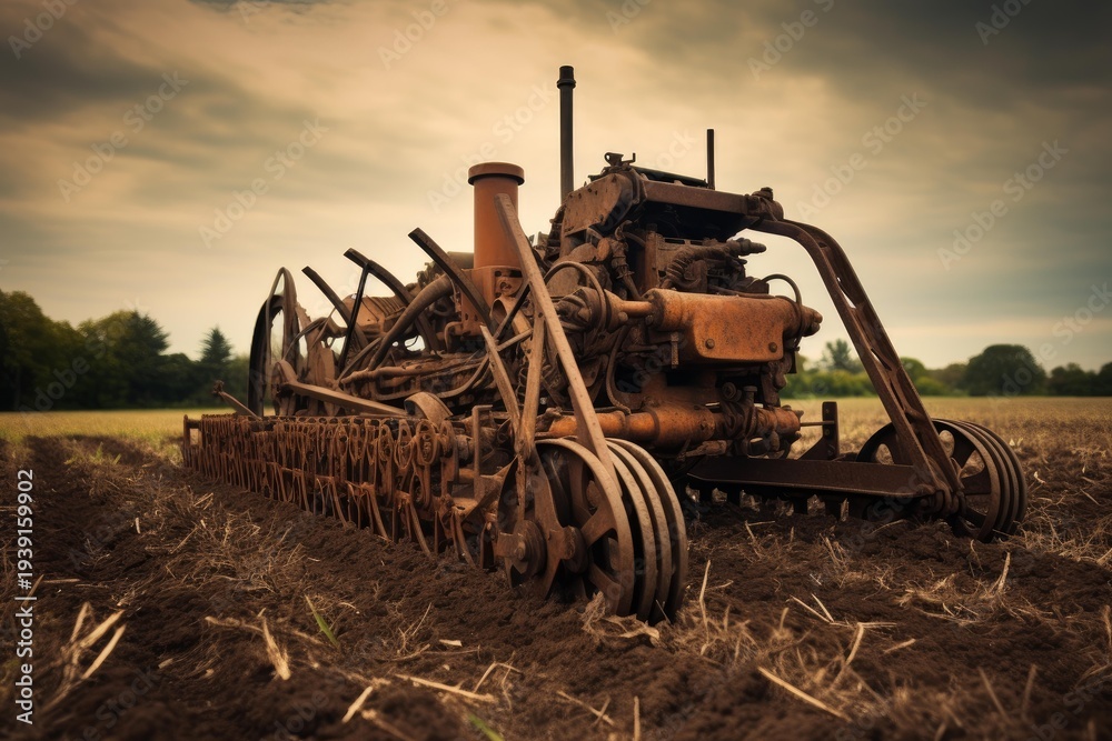 Fototapeta premium Old rusty agricultural tractor plowing a field under a cloudy sky