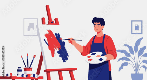 Artist Painting on Easel with Brush.