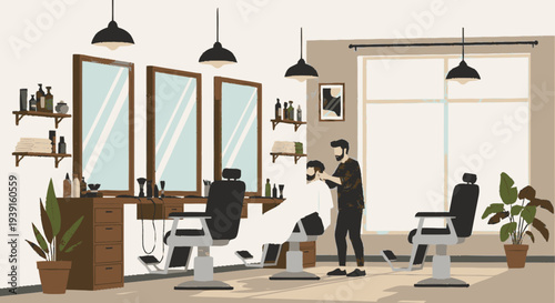 Barber Shop Interior with Stylists Working.