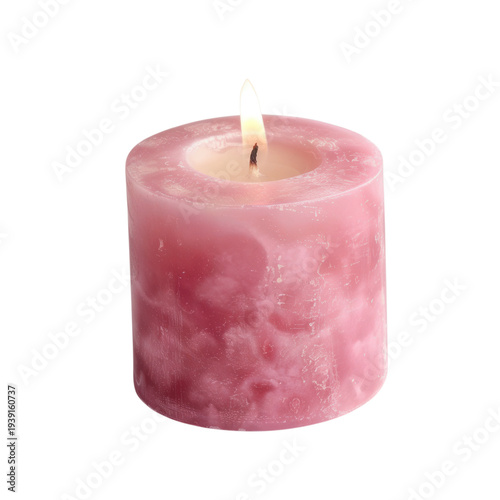 Pink marbled pillar candle with burning flame isolated on Transparent Background