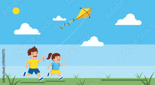 Children Running with Kite in Field.