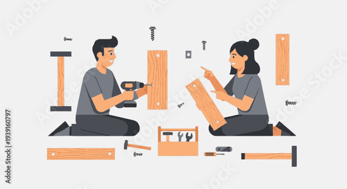 Couple Assembling Furniture with Tools and Parts.