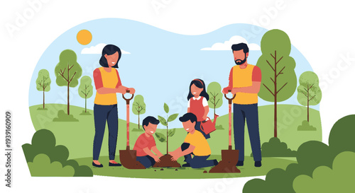 Family Planting Trees Together in Garden.