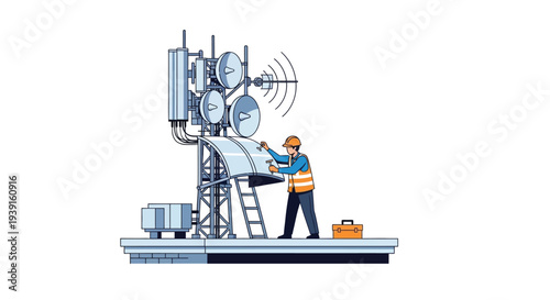 Technician maintaining telecom tower equipment vector
