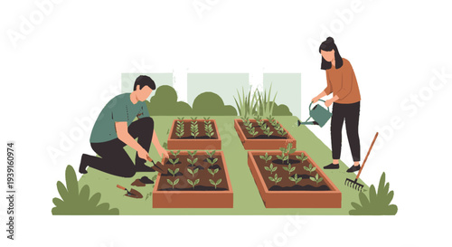 Gardening Couple Planting Flowers and Vegetables.