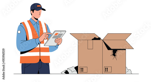 Delivery worker inspecting damaged package vector