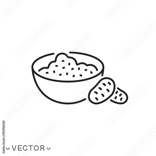 mashed potatoes in a bowl line icon, potato foam concept, thin line symbol isolated on white background, editable stroke eps 10 vector illustration