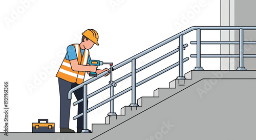 Construction worker installing stair handrail vector