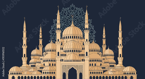 Majestic mosque illustration, perfect for Ramadhan reflections and Ied festivities. This serene architectural design beautifully symbolizes spiritual devotion and cultural richness