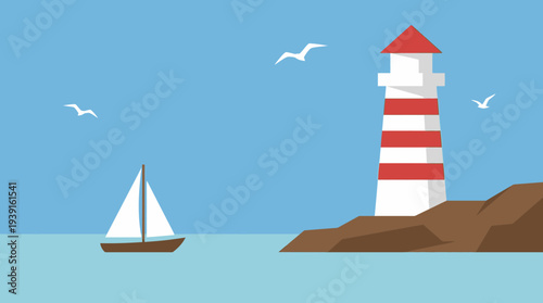 Sailboat passing by a red and white striped lighthouse on a rocky coastline.