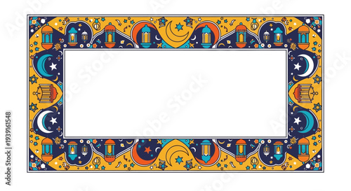 Elegant decorative frame capturing the spirit of Ramadhan and Ied festivities, adorned with traditional lanterns, crescent moons, and stars in a vibrant design, ideal for seasonal greetings