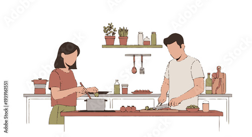 Man and woman cooking together in kitchen.