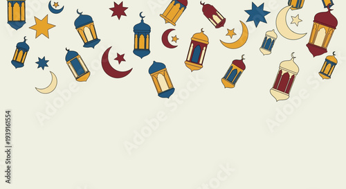 Ramadhan and Ied Al-Fitr celebration beautiful lanterns and crescent moons background pattern for Islamic holidays