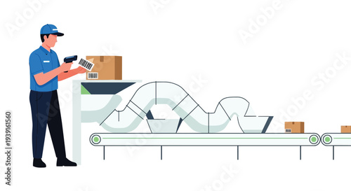 Warehouse worker scanning package conveyor vector