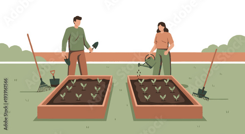 Man and woman planting seeds in garden.