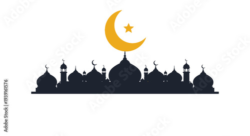 Elegant mosque silhouette beneath a radiant crescent moon and star, embodying sacred Ramadhan and festive Ied joy, bringing peace and cultural celebration