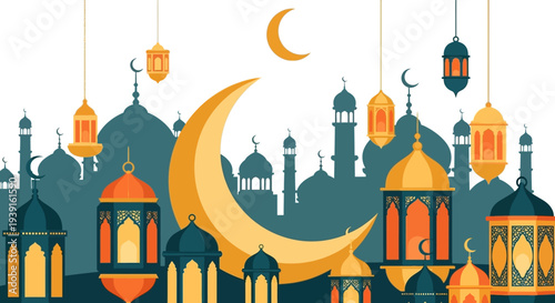 Ramadhan and Ied celebration illustration with crescent moon, mosque silhouettes, and traditional lanterns, ideal for festive greetings and cultural events