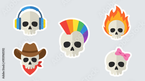 Colorful skull stickers with various decorations.