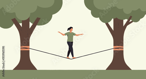 Man Balancing on Tightrope Between Trees.