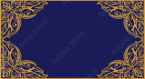 Rich golden ornate border with intricate scrollwork on a deep blue background, perfect for elegant Ramadhan cards, Ied Mubarak greetings, and festive celebration designs