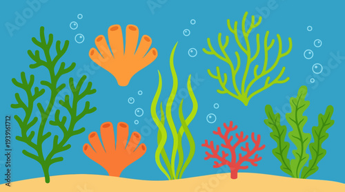 Colorful coral and seaweed underwater scene with vibrant marine life.