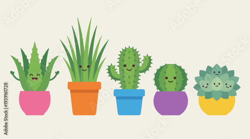Colorful cartoon cacti and succulents in pots with smiling faces.