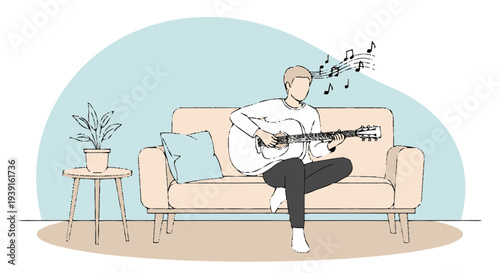 Man Playing Guitar on Sofa Relaxing.