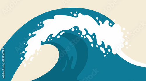 A large blue ocean wave crashing with white foam on a beige background.