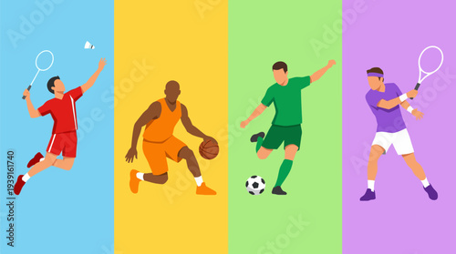 Vibrant illustration of athletes playing tennis, basketball, soccer, and badminton.