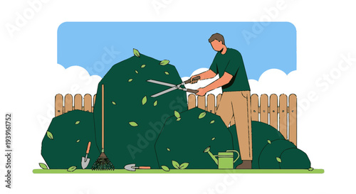 Man Pruning Bushes with Hedge Trimmer.