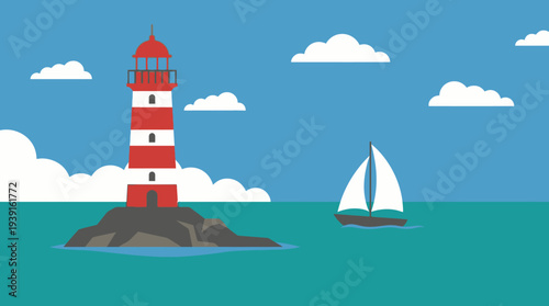 Lighthouse on a rocky island with a sailboat in the sea.