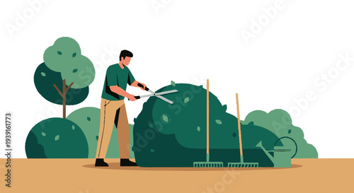 Man Pruning Bushes with Loppers in Garden.