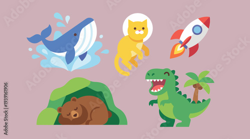 Cartoon animals and space rocket on a pink background.