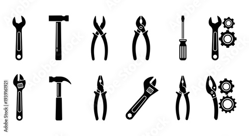 Set of 12 black silhouette work tools icons vector