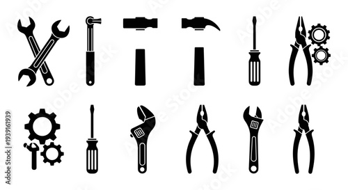 Set of 12 black silhouette repair tools vector icons