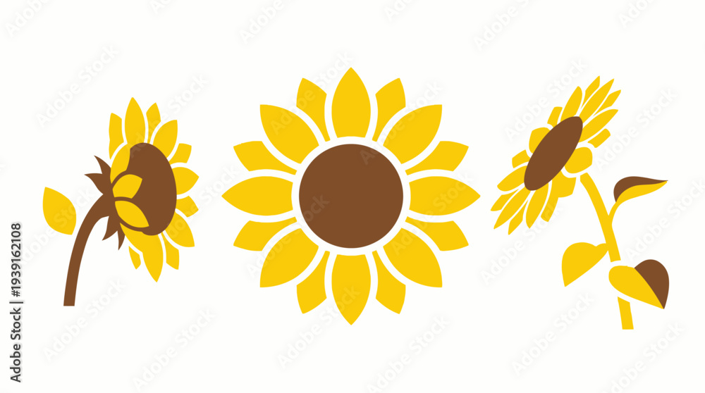 Naklejka premium Three cartoon sunflowers in different stages of bloom.