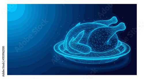 Abstract Blue Wireframe Roasted Chicken on Plate Vector