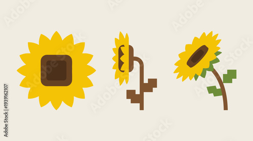 Pixel art sunflowers in different stages of growth.